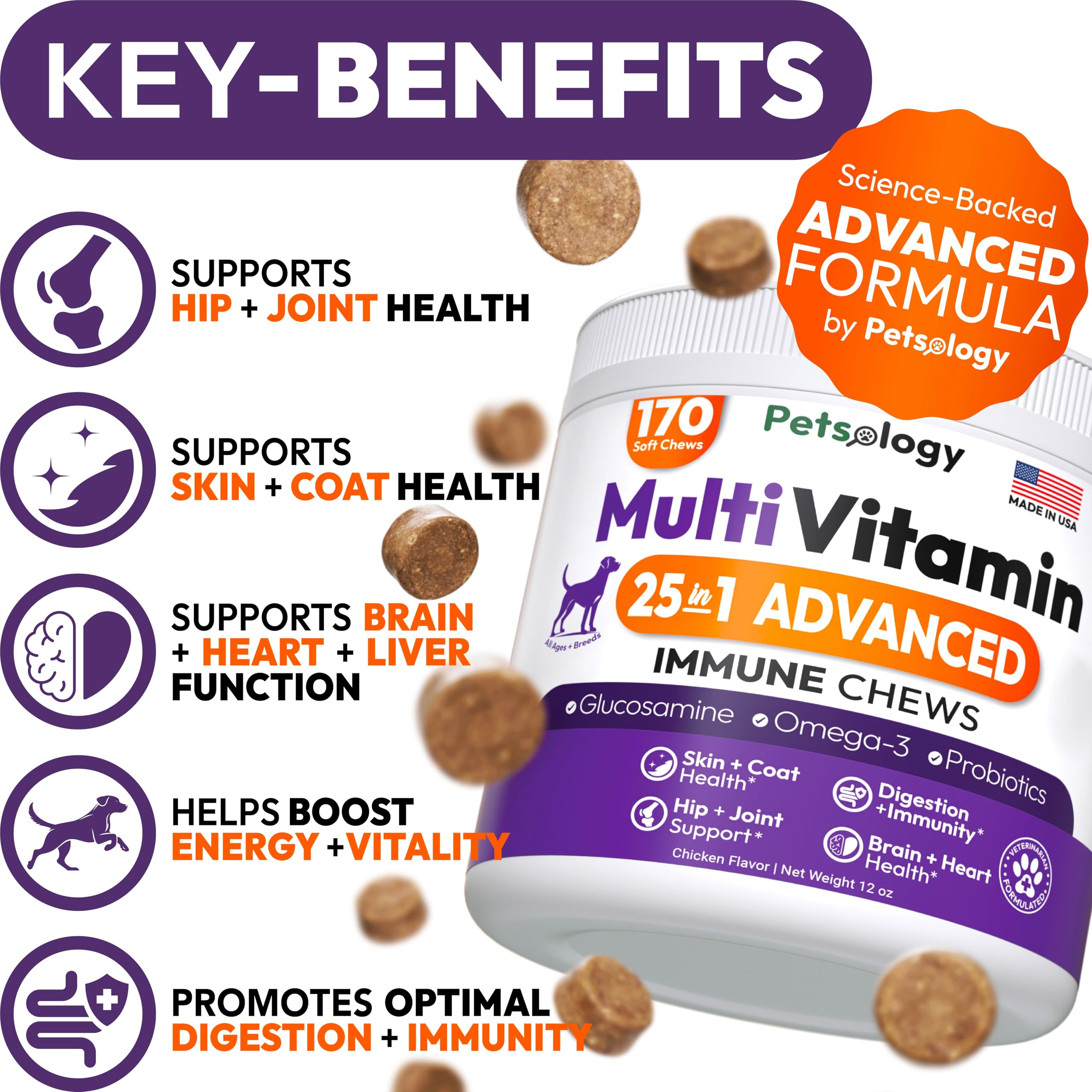Petsology Dog Multivitamin Chews close-up highlights palatable texture for everyday use.