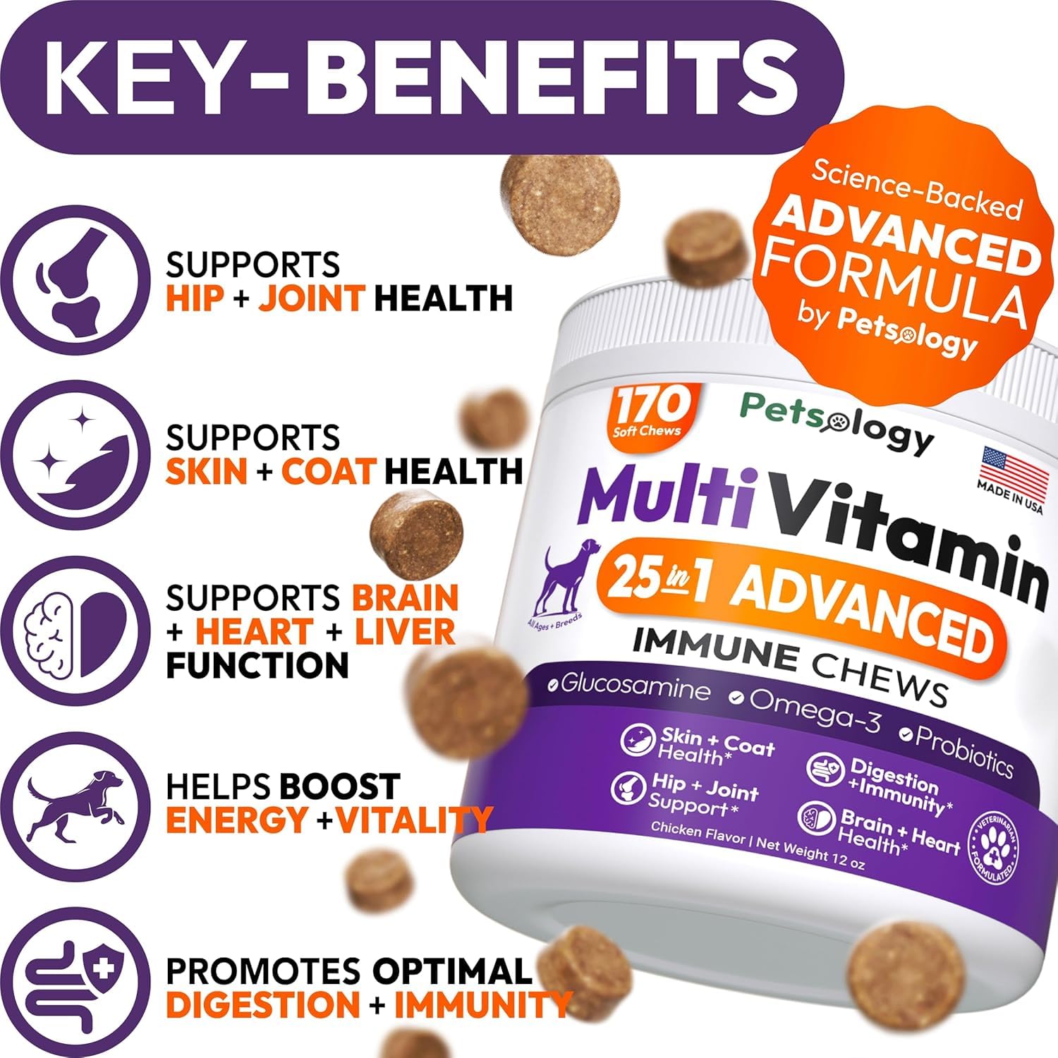 Petsology dog multivitamin chews closeup highlighting texture and palatability for easy administration.