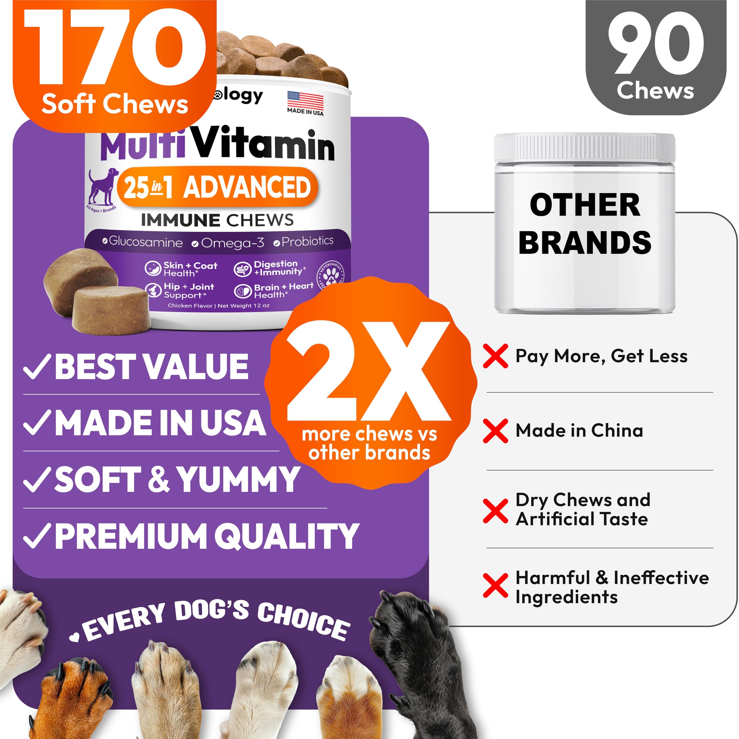 Petsology Vet-formulated vitamins image conveys premium, balanced nutrition for dogs.