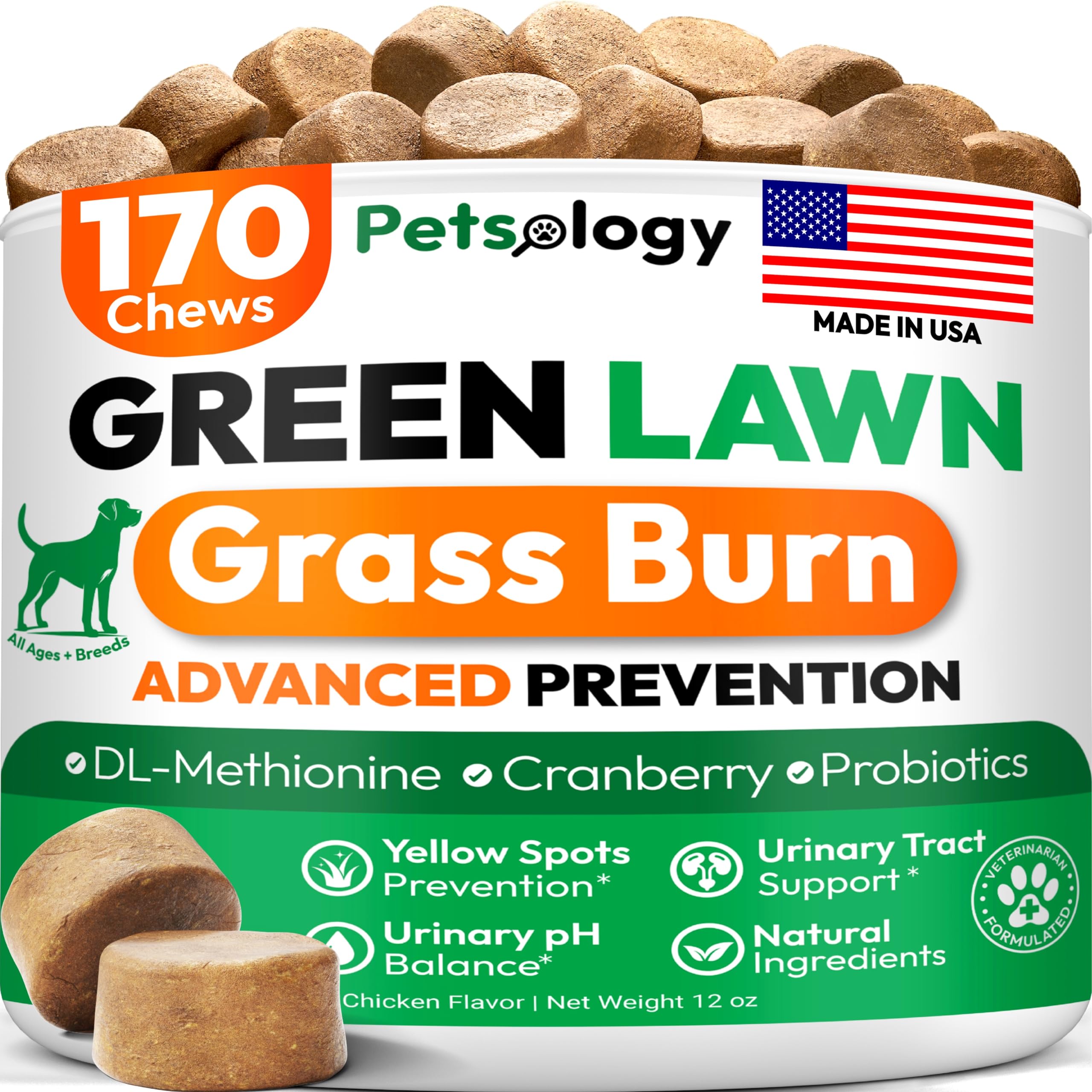 Petsology dog urine neutralizer bottle with probiotic formula promotes greener lawn.