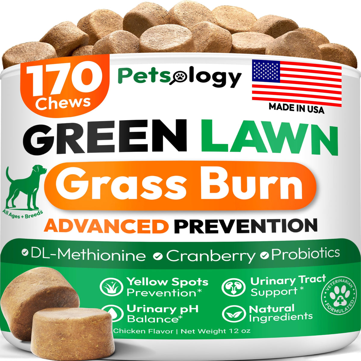Petsology dog urine neutralizer bottle with probiotic formula promotes greener lawn.