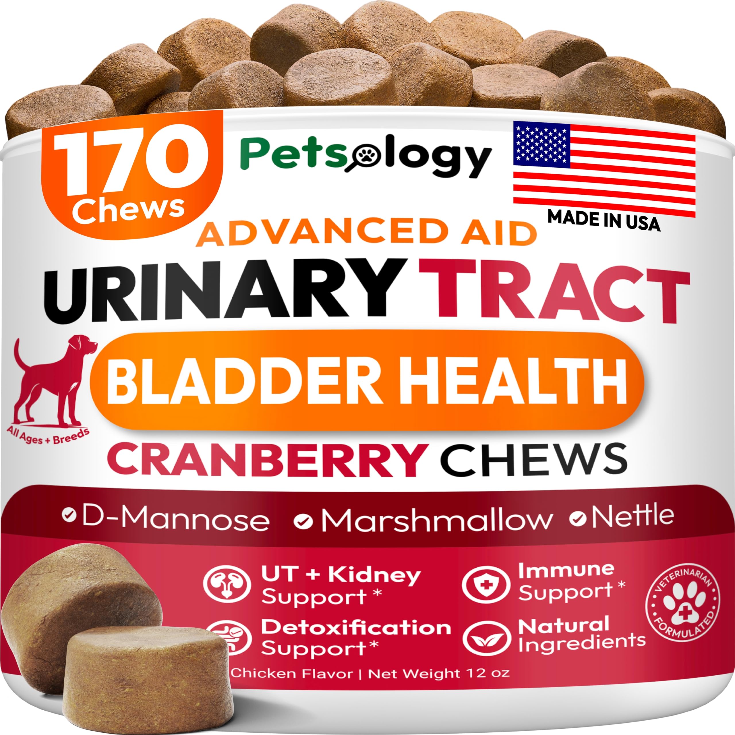 Petsology Dog UTI Chews bottle close-up highlighting cranberry support for urinary health.