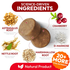 Petsology Dog UTI Chews ingredients bag showcases cranberry and D-Mannose benefits.