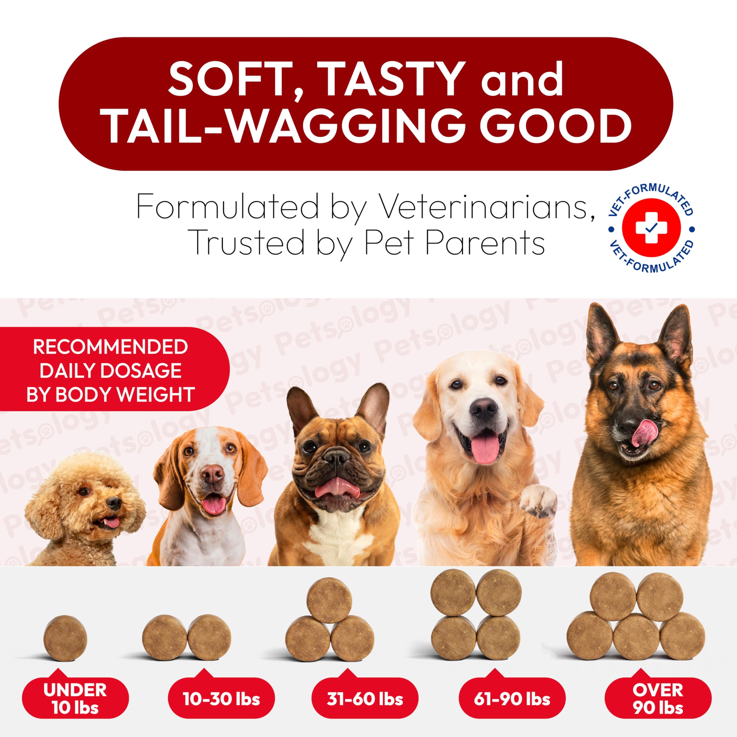 Petsology Dog UTI Chews veterinarian-formulated label emphasizes premium natural ingredients.