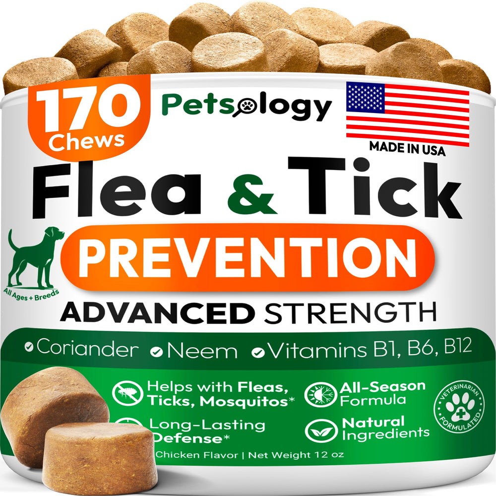 Petsology flea tick pills for dogs bottle showing easy year round protection