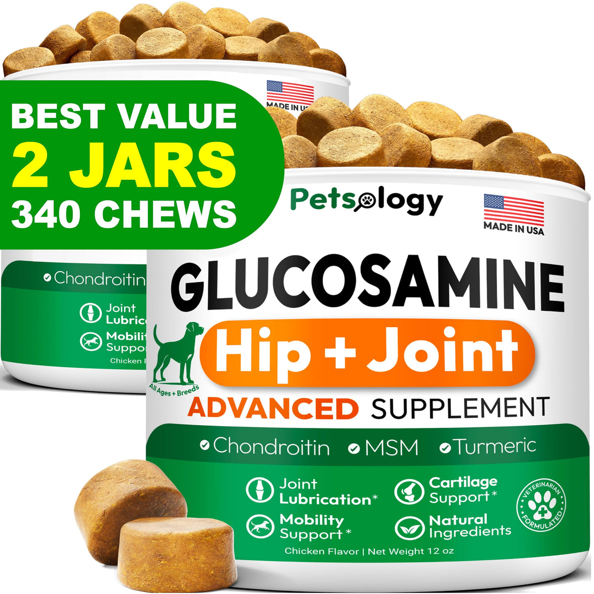 Petsology glucosamine for dogs 2pack closeup showing joint-supporting chews