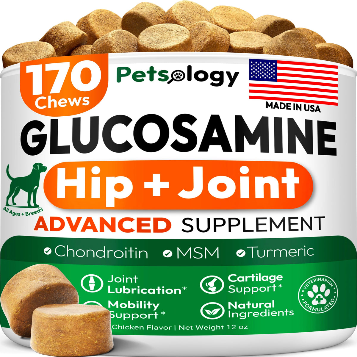Petsology Glucosamine for Dogs bottle-front promotes joint support for active canines.