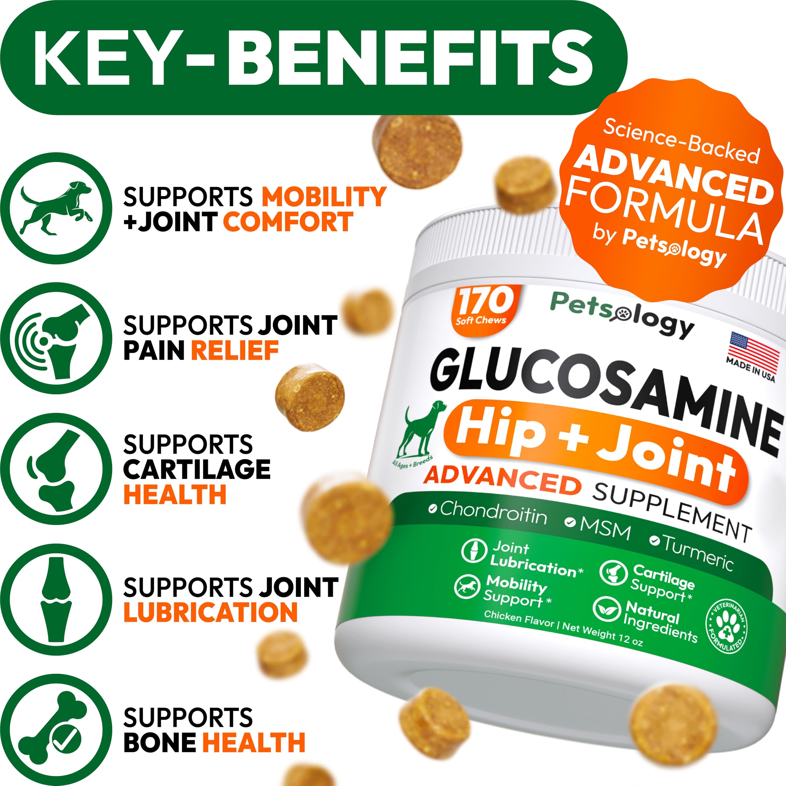 Petsology Glucosamine for Dogs chews close-up highlighting natural joint-support ingredients.