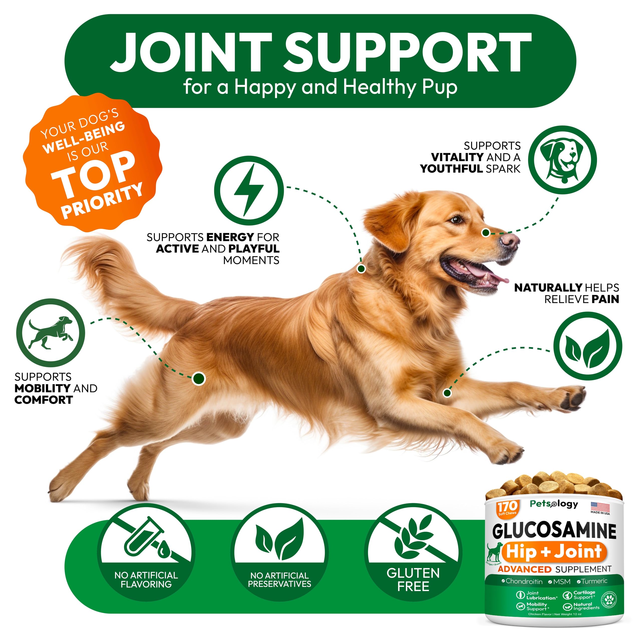 Petsology Glucosamine for Dogs glucosamine-chondroitin blend label close-up.