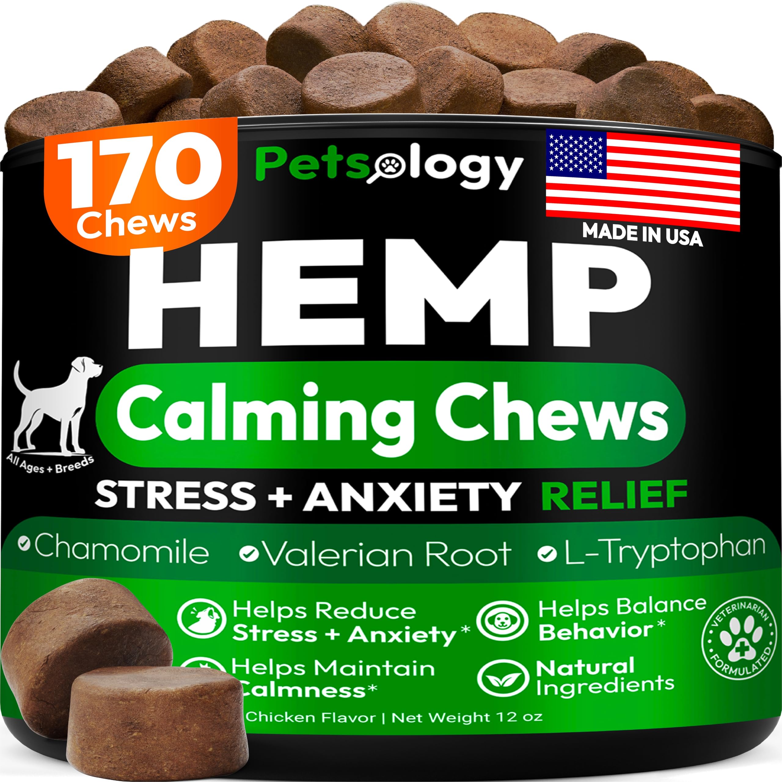 Petsology hemp calming chews bottle on counter signaling anxiety relief.