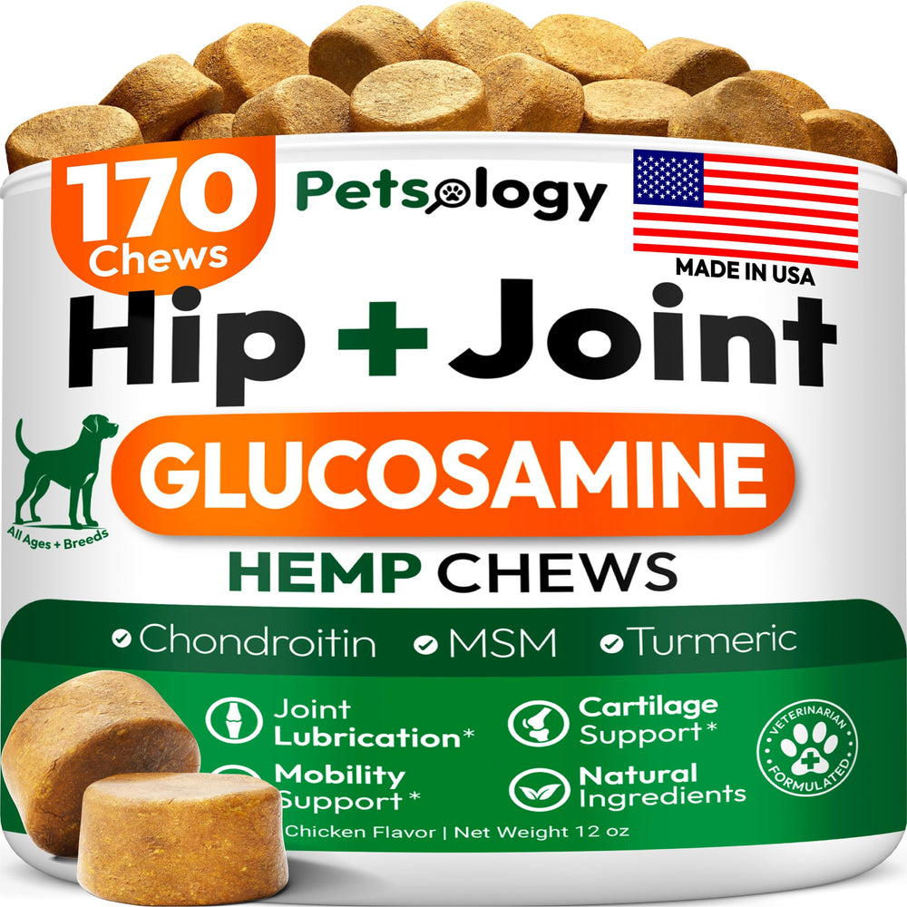 Petsology hip joint chews bottle demonstrate mobility support for dogs