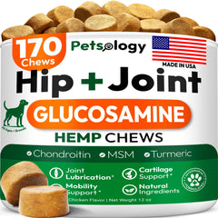 Petsology hip joint chews bottle demonstrate mobility support for dogs