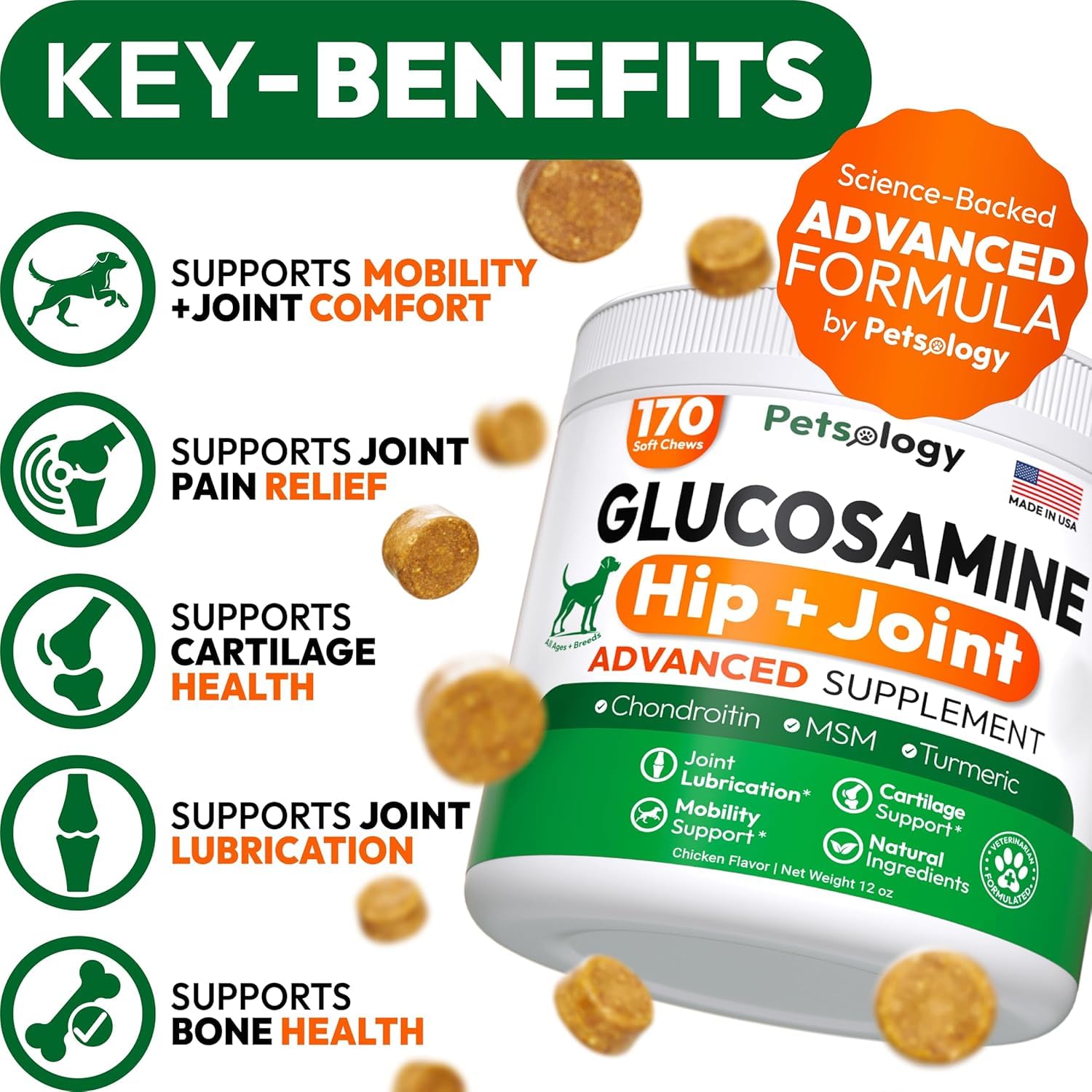 Petsology mobility chews 340 pack in view highlighting daily-use joint support