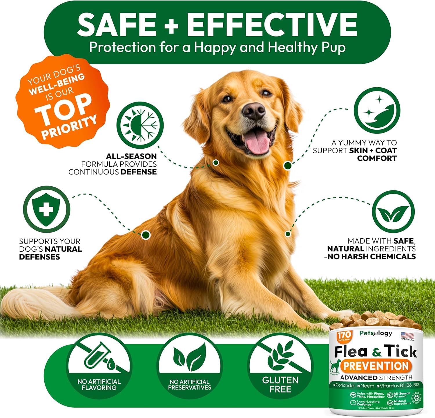 Petsology natural ingredients chews — gentle, safe dog formula supporting pest defense.
