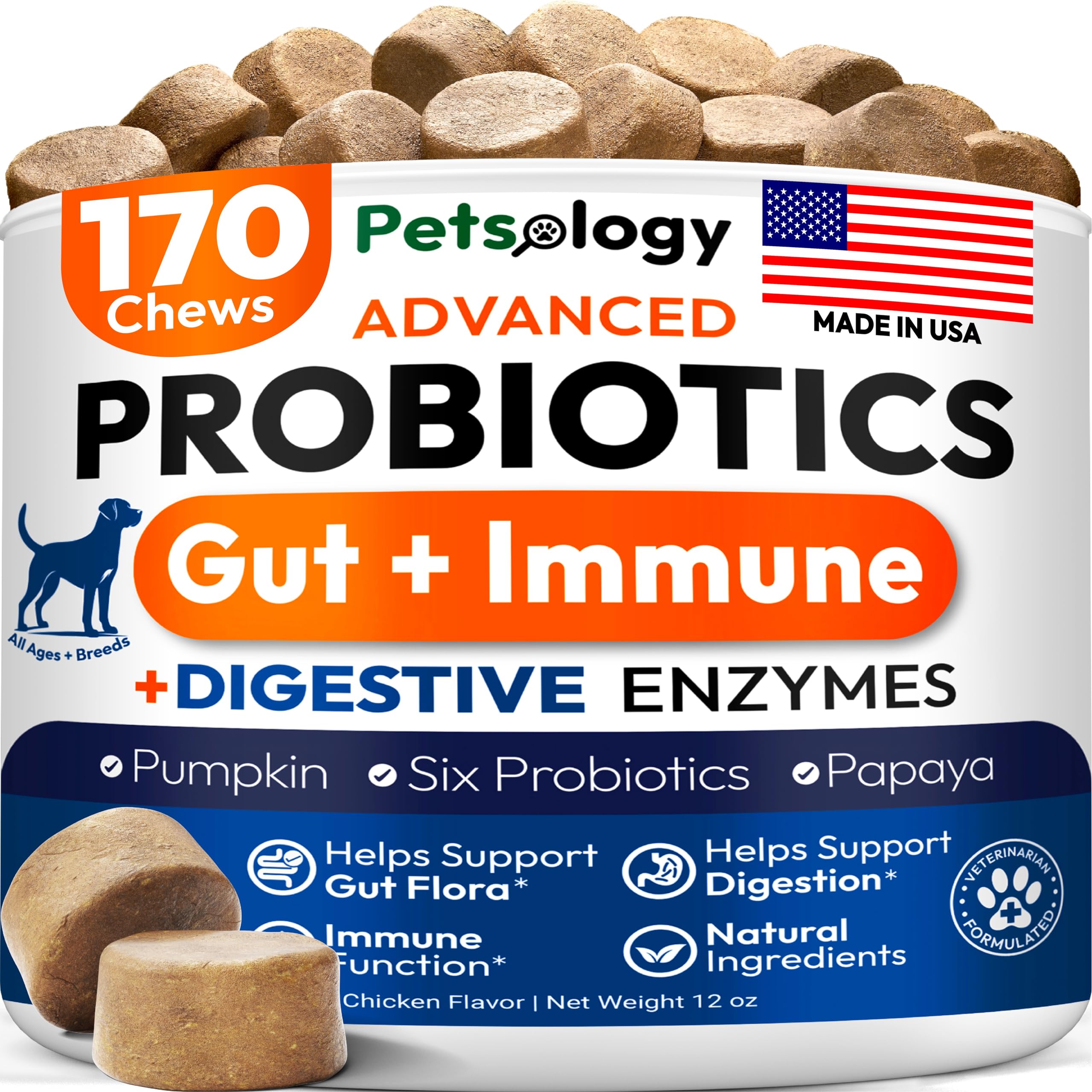 Petsology Probiotics for Dogs bottle with chews supports gut health and gentle digestion.