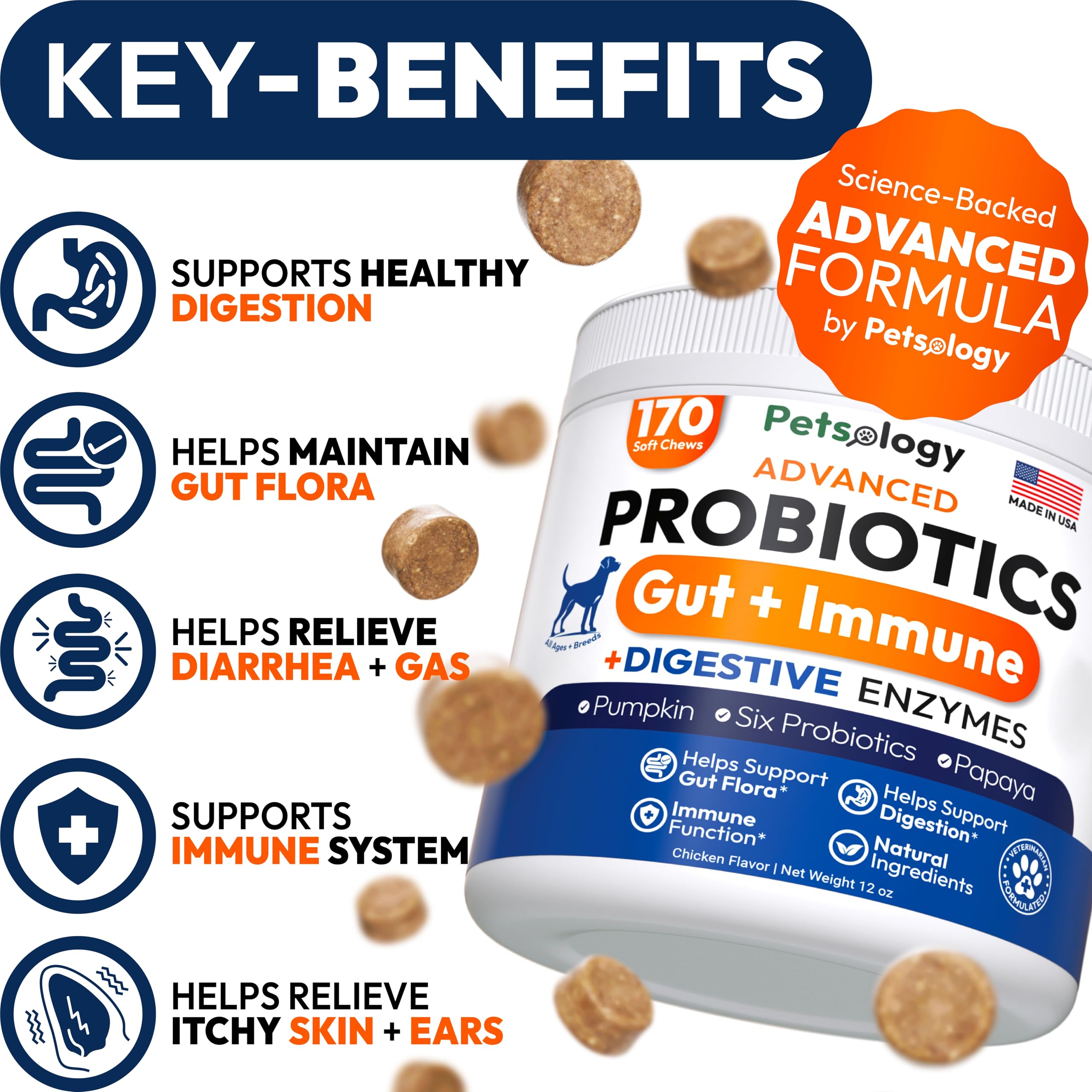Petsology Probiotics for Dogs chews close-up show texture ideal for tasty daily support.