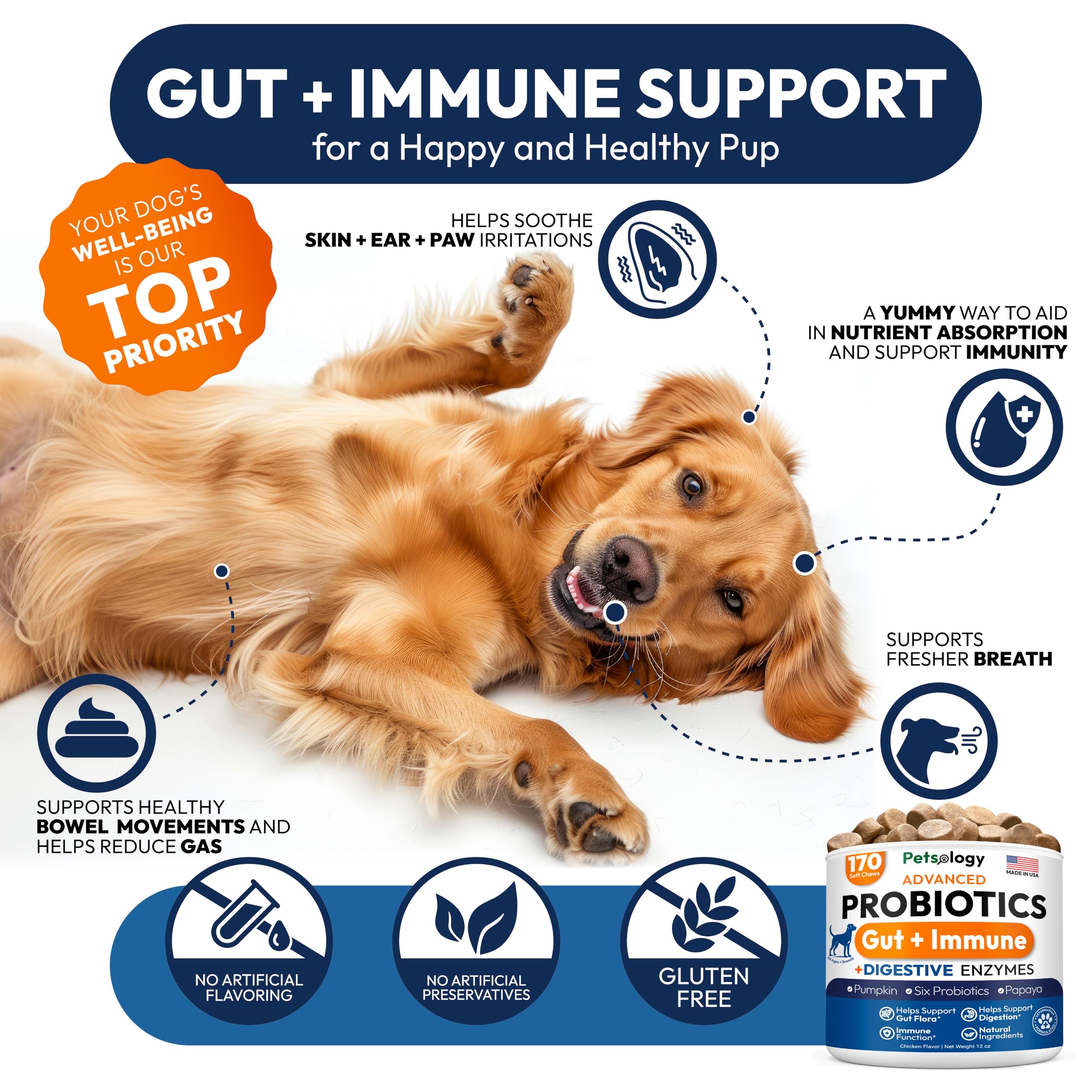 Petsology Probiotics for Dogs label and USA facility mark reassure quality and safety.