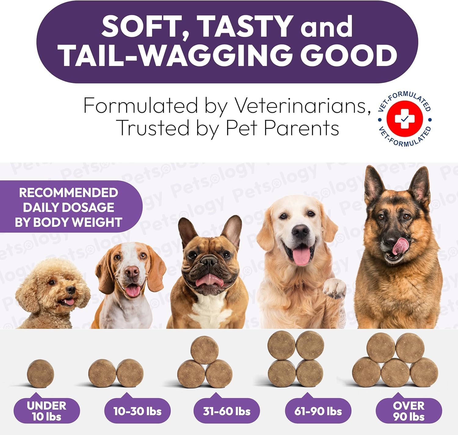 Petsology skin and coat health image highlights shinier fur and healthier skin.
