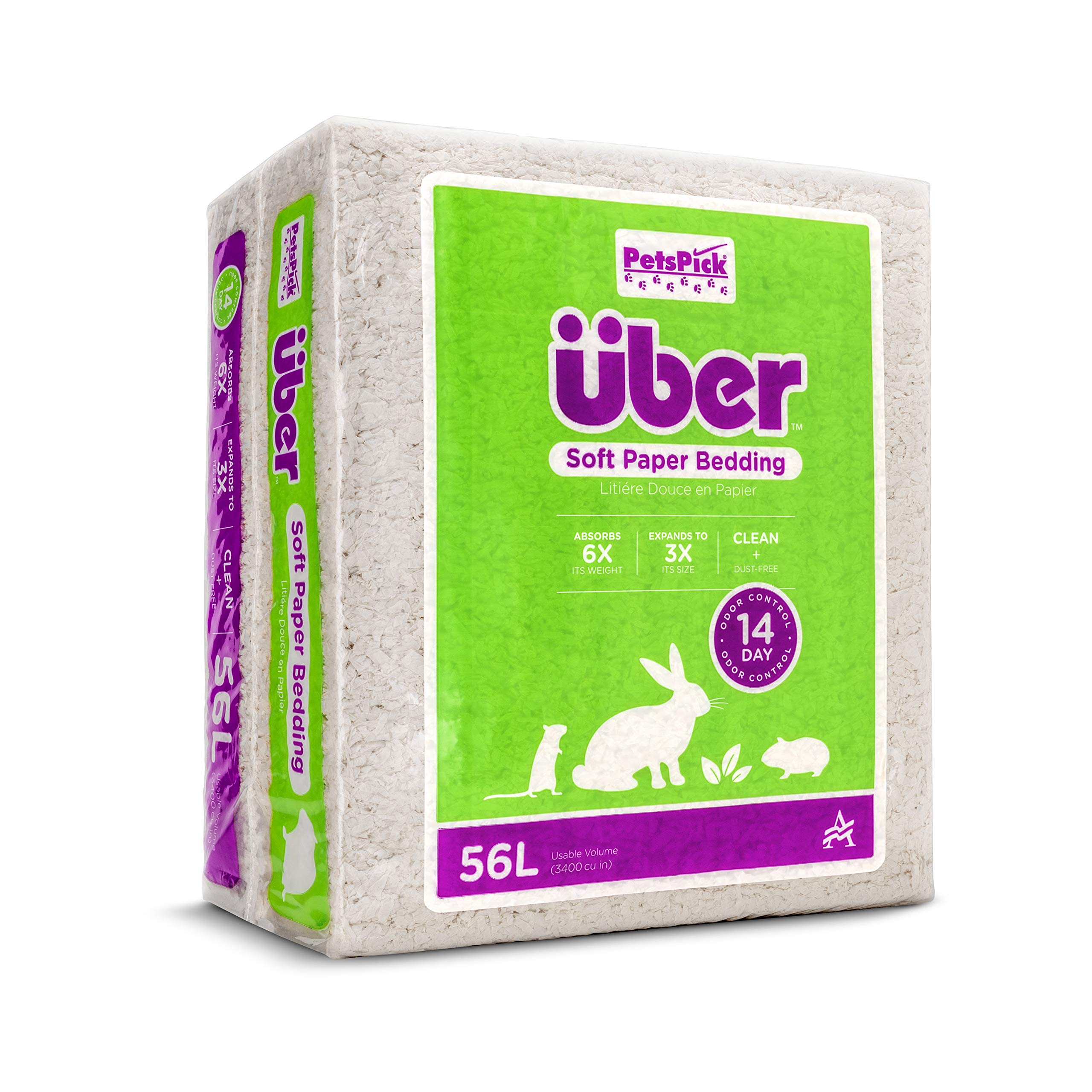 PETSPICK Uber Soft Paper Bedding packaging shows 56L capacity for easy cage setup.