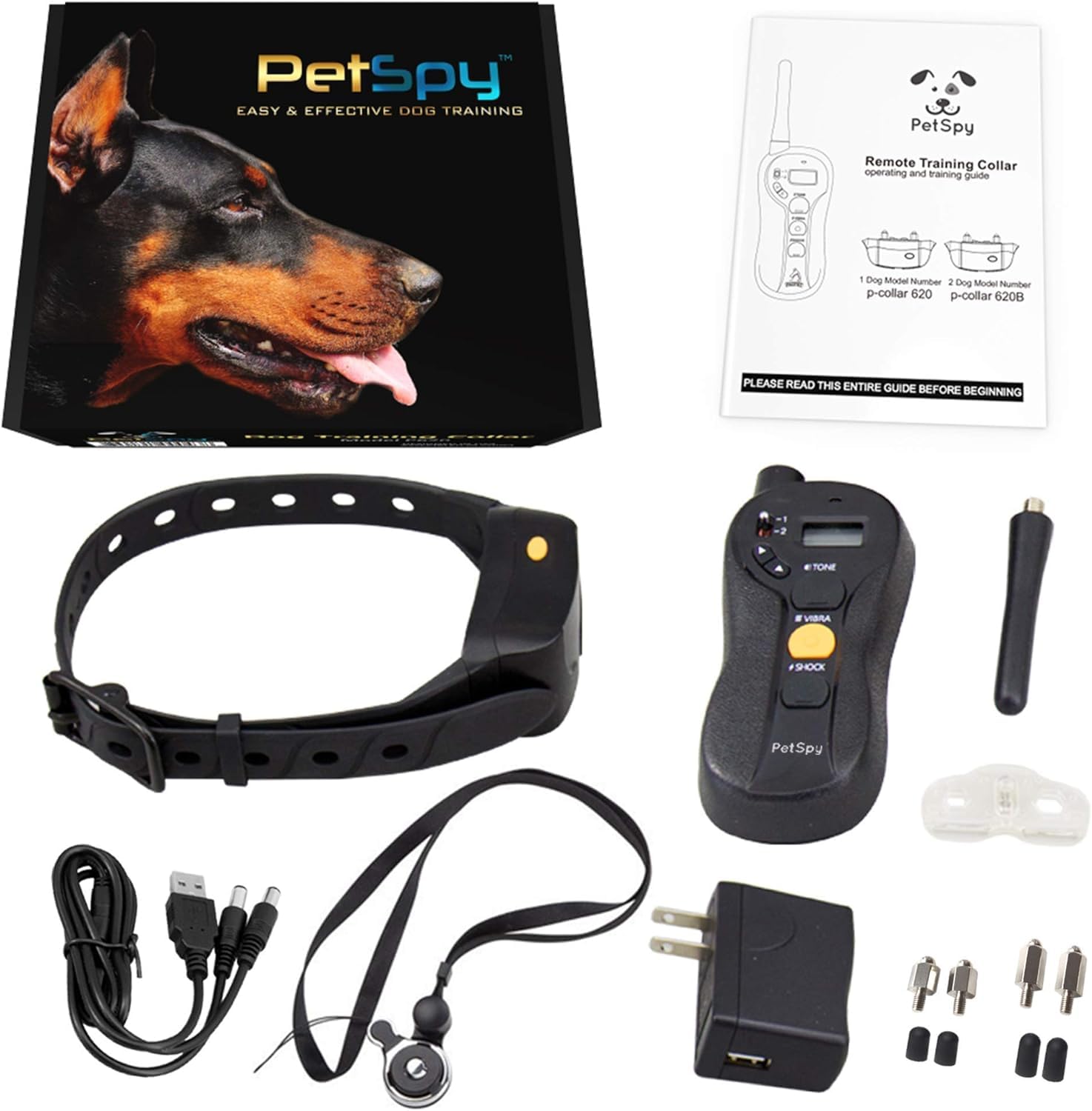 PetSpy training collar in open field highlights up to 650-yard range.