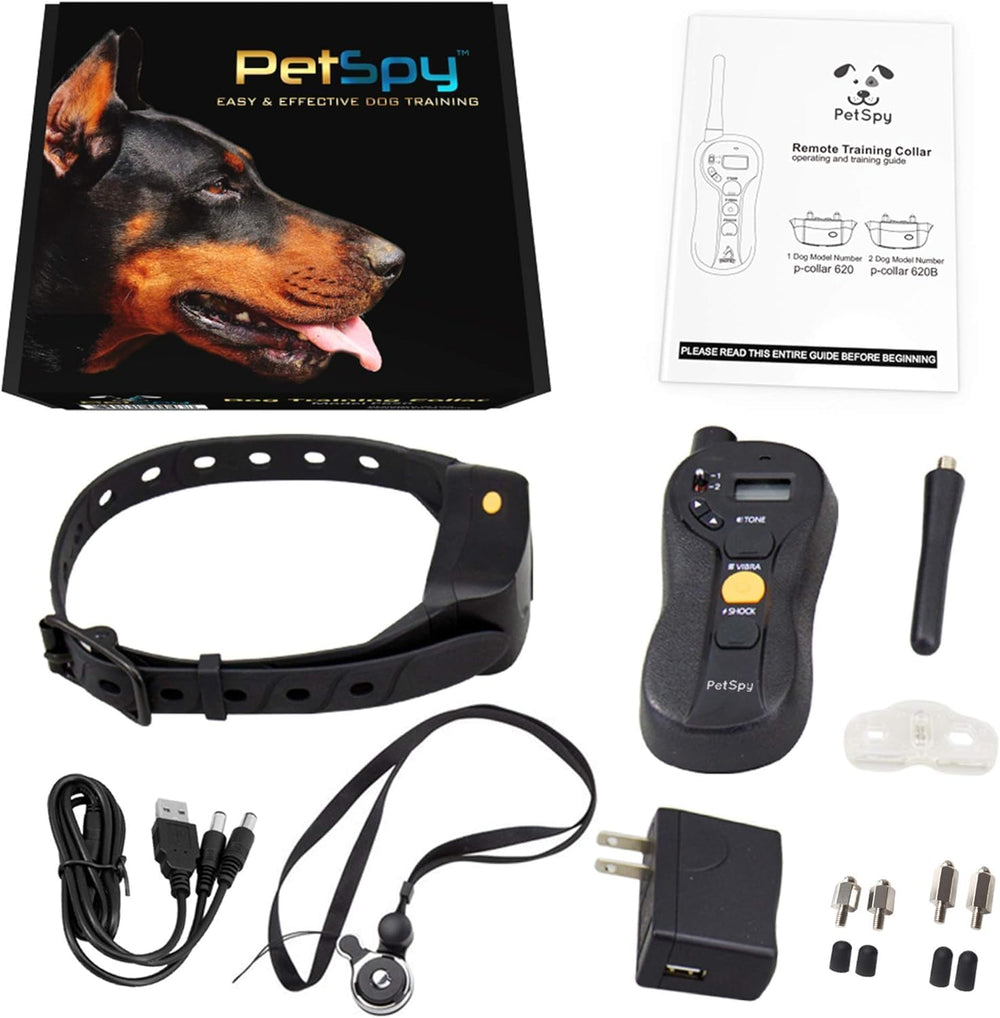 PetSpy training collar in open field highlights up to 650-yard range.