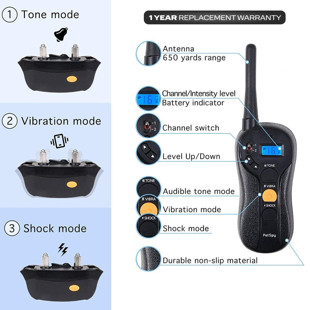 PetSpy shock collar with 16-level remote control for precise training