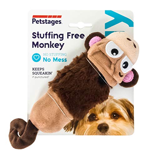 Petstages stuffing-free monkey toy small dual squeakers for extended engagement.