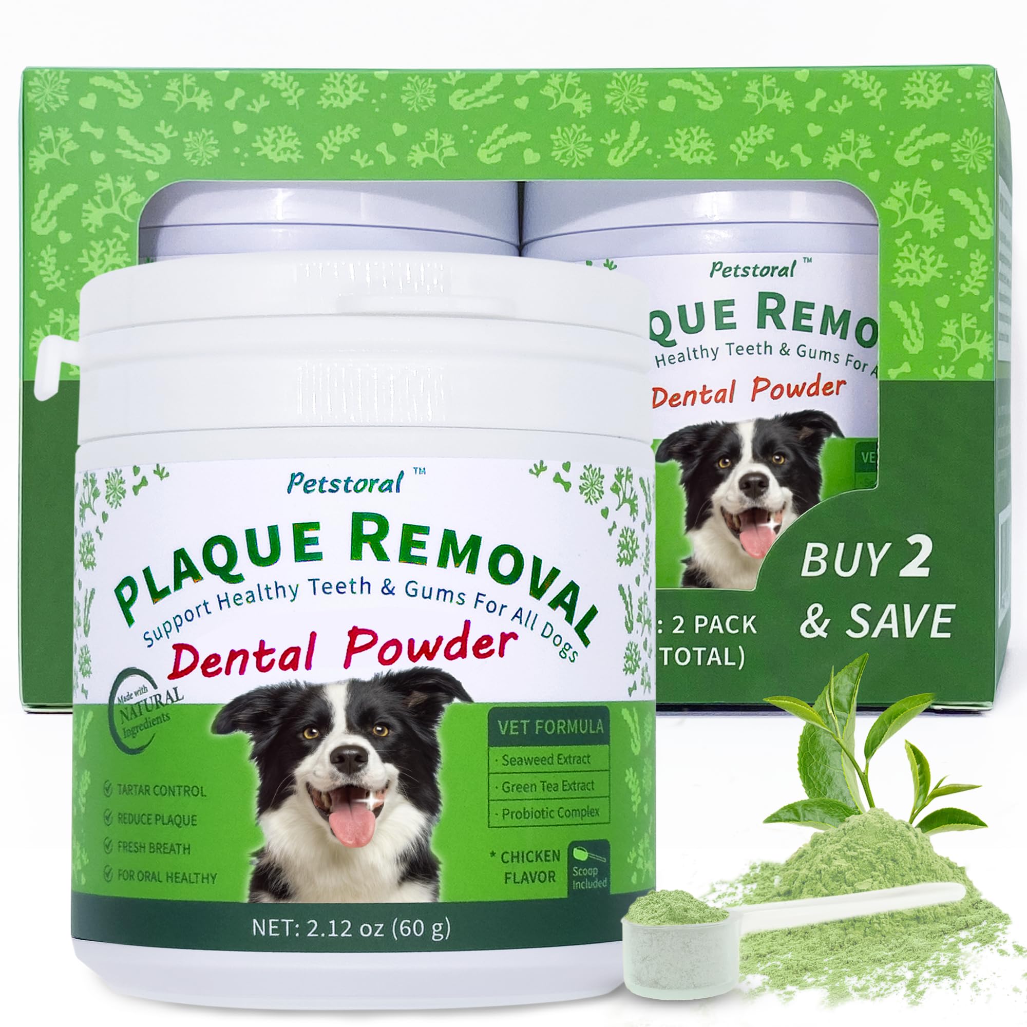 Petstoral 2-pack packaging shows plaque-removal dental powder for easy at-home care.