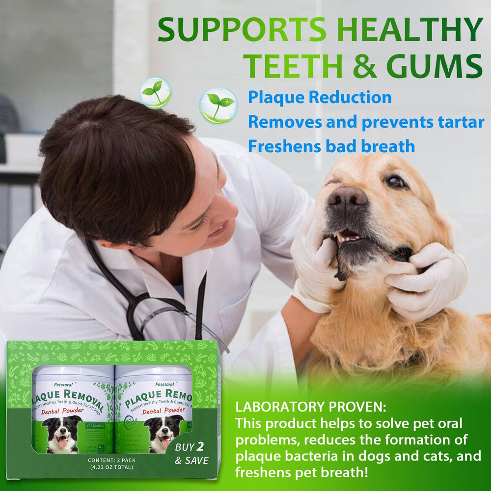 Petstoral dental powder scoop-dispensing highlights easy daily dosing for dogs.