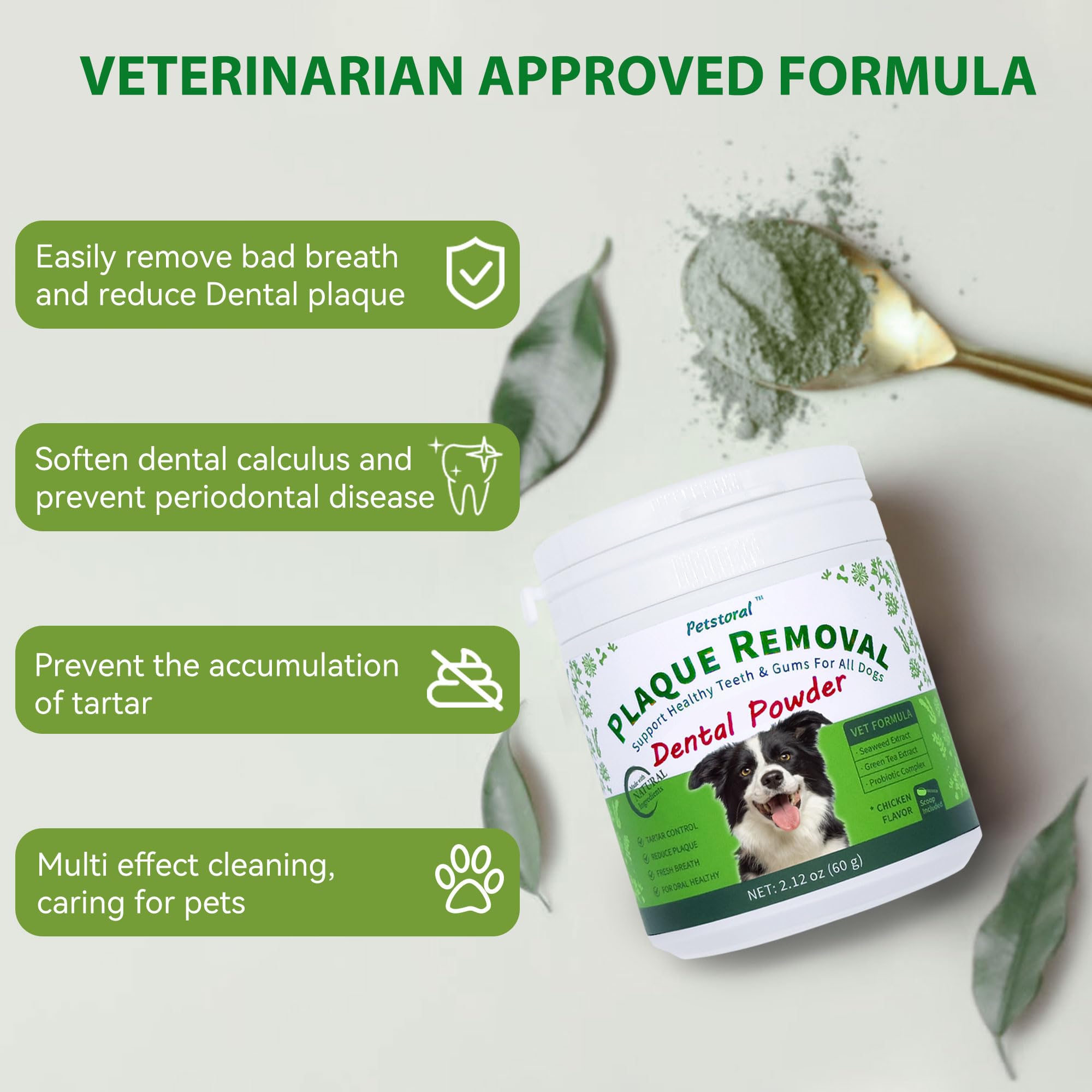 Petstoral natural zeolite powder ingredient highlights debris-attracting cleaning power.