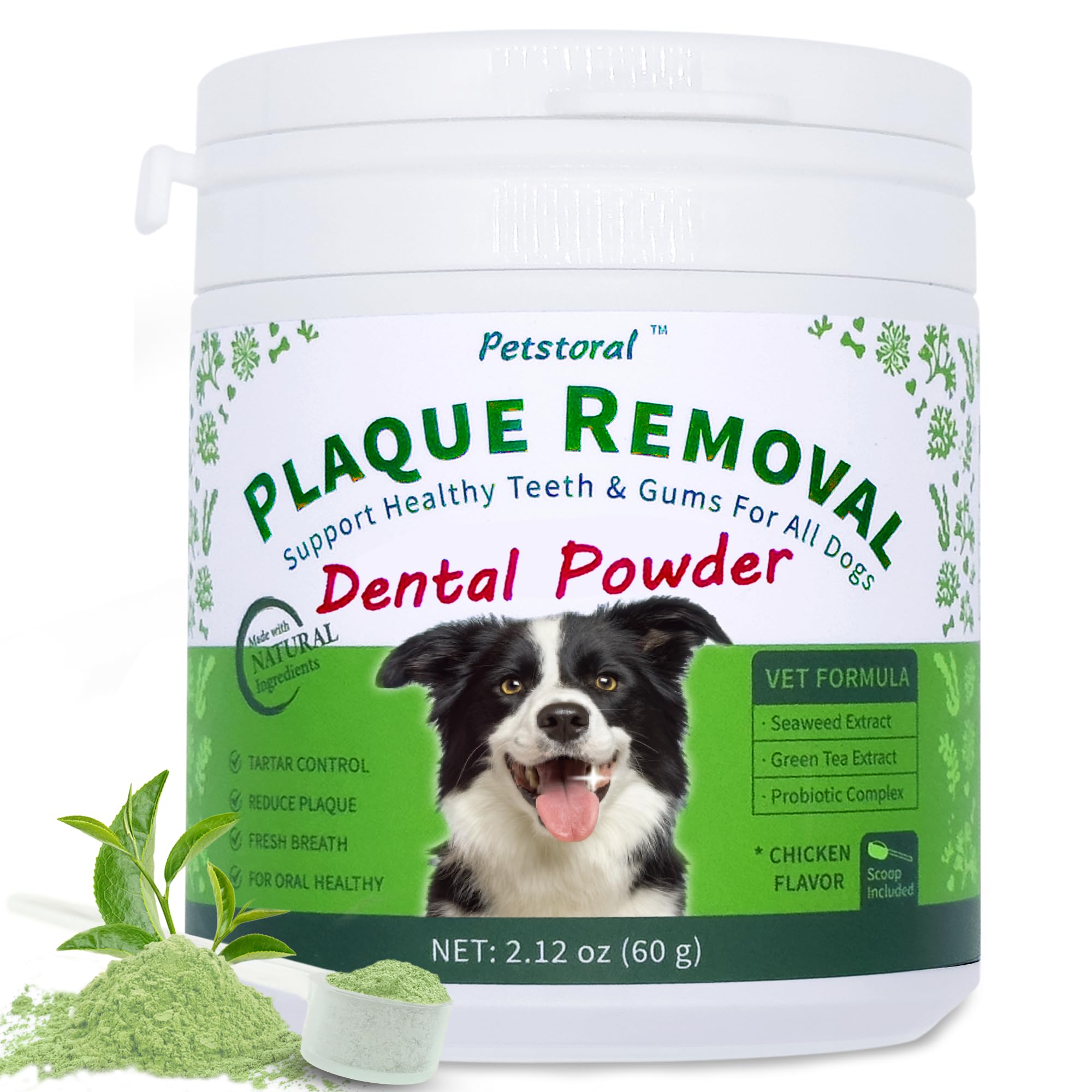 Petstoral dental powder bottle illustrating plaque removal support for dogs.