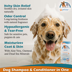 Petsus Oatmeal Shampoo oatmeal texture signals soothing formula for itchy skin.