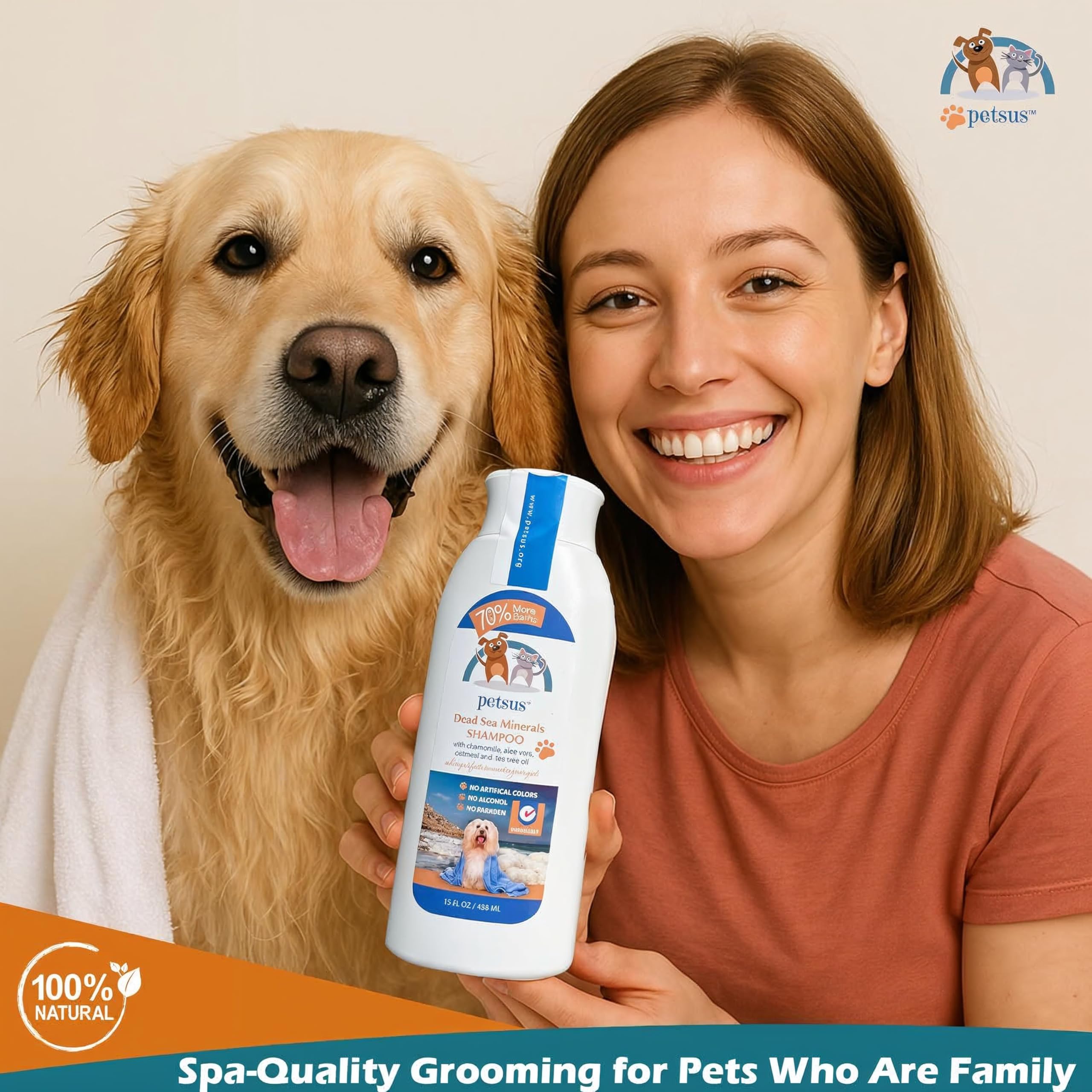 Petsus Oatmeal Shampoo tea tree oil droplets suggest deodorizing outdoor pets.