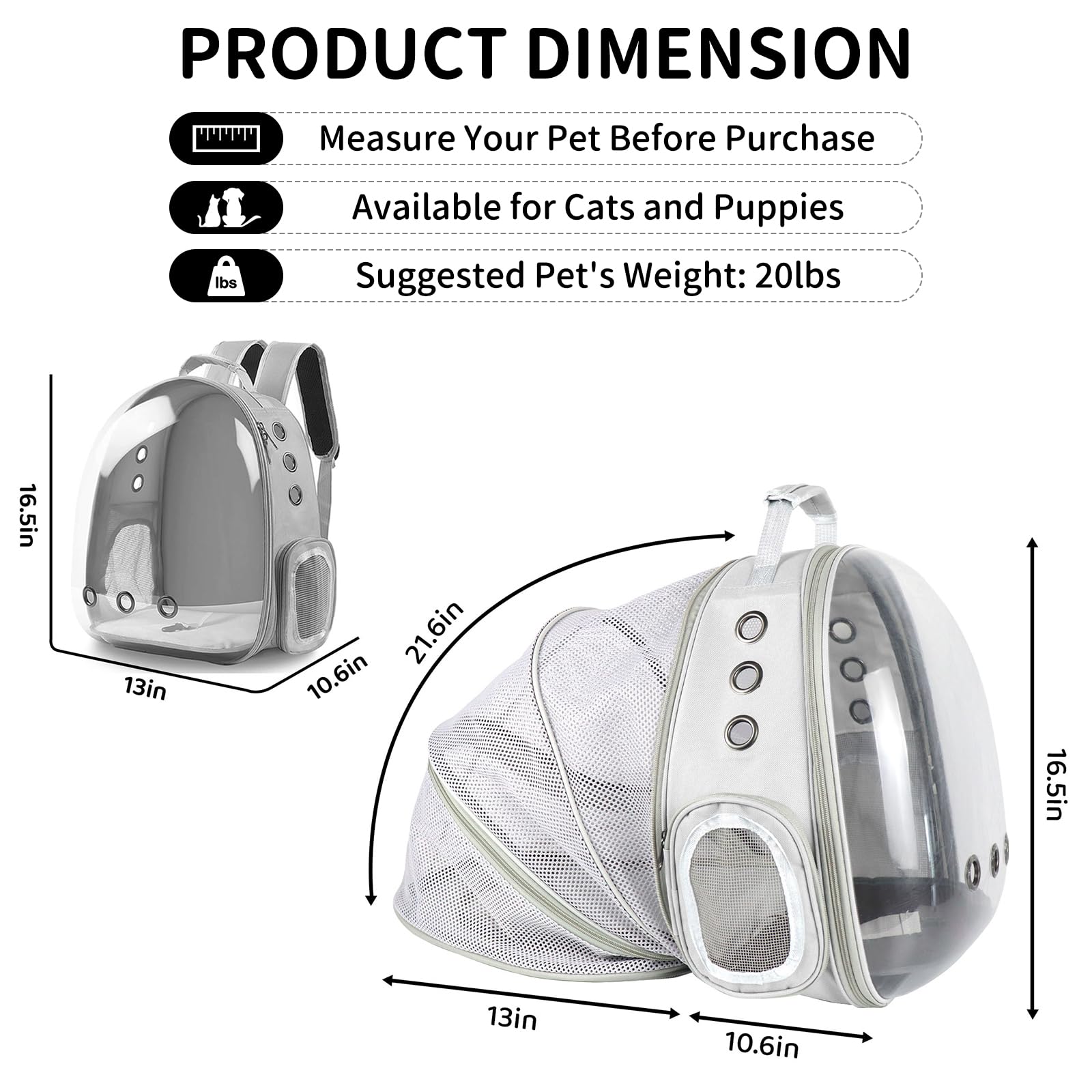 PETSWEET expandable back panel provides extra space for pet comfort.