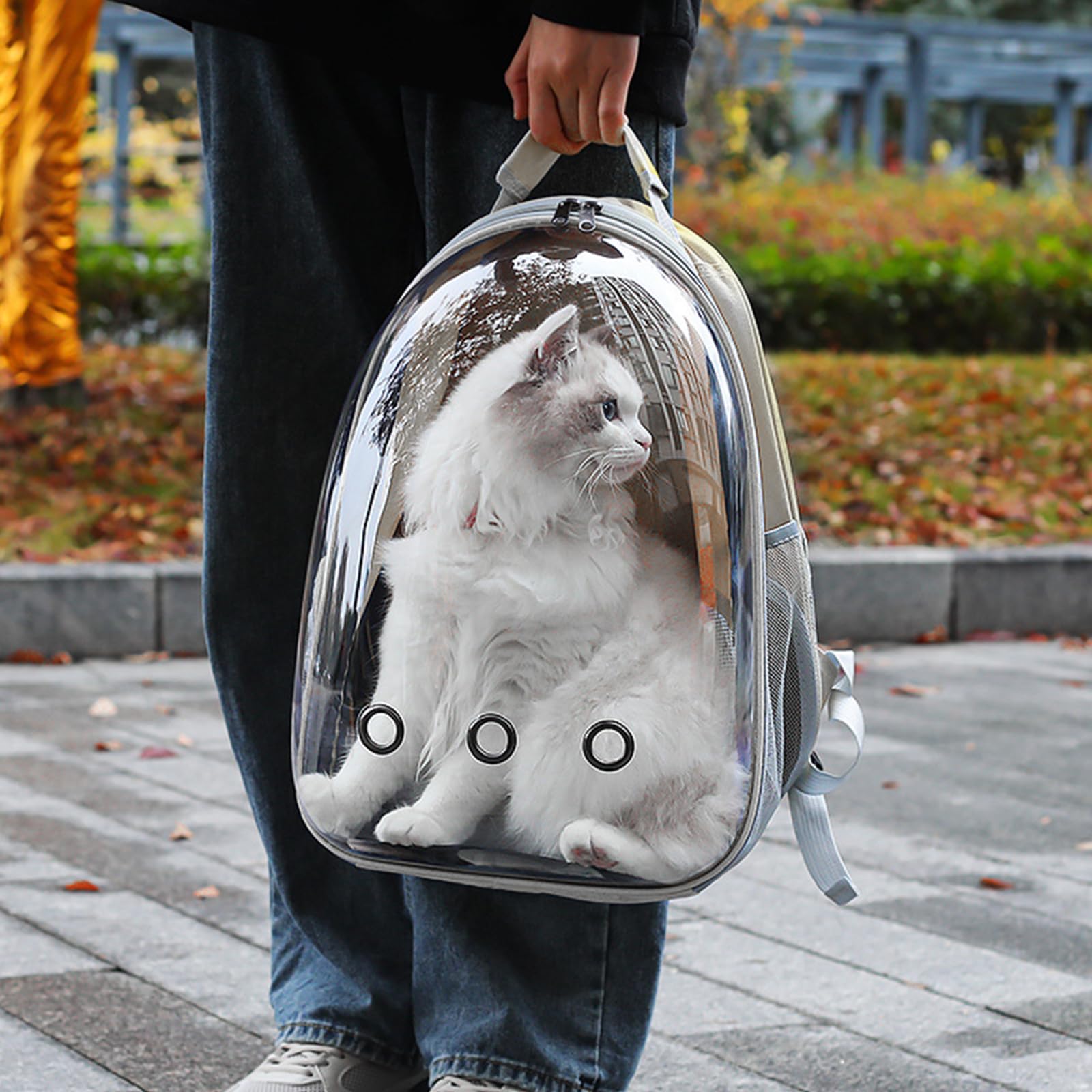 PETSWEET grey backpack highlights compact form with ample interior space.