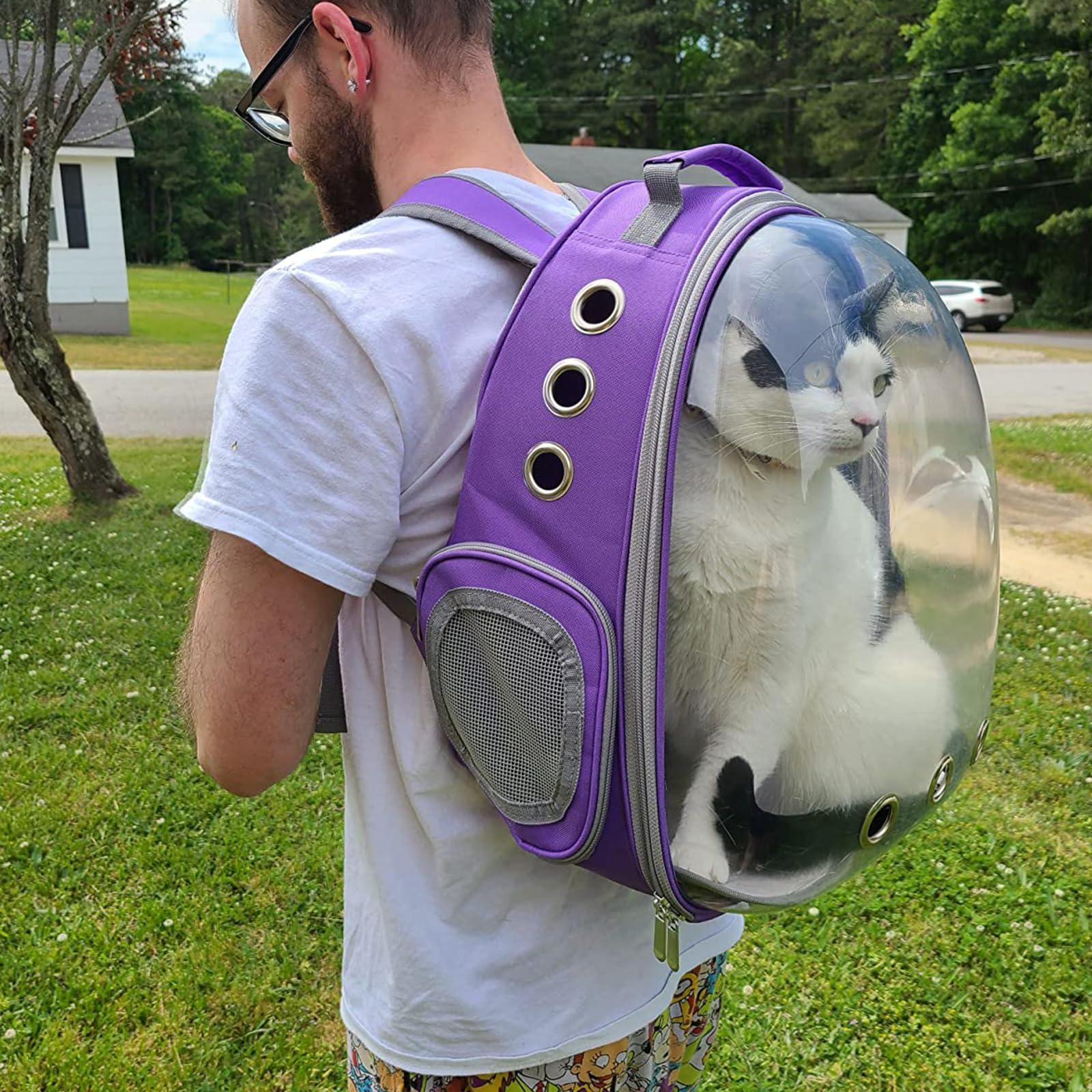 PETSWEET Cat Backpack Carrier exterior pocket stores snacks, water, and toys.