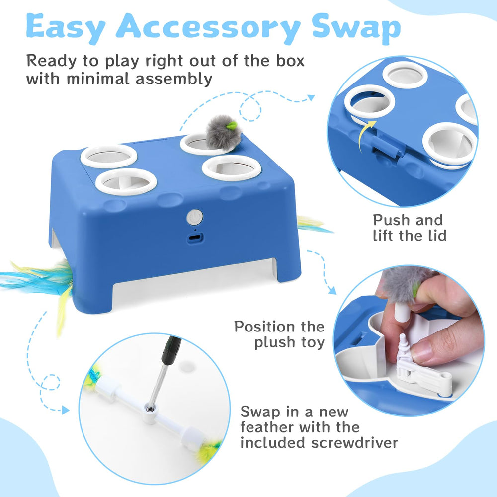 PETSWEET cat toy battery detail—500 mAh rechargeable power for up to two hours.