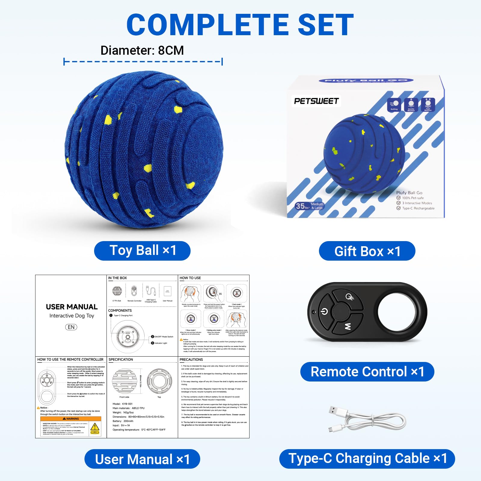 PETSWEET fast-charging-dog-toy image highlights quick Type-C charge for longer sessions.