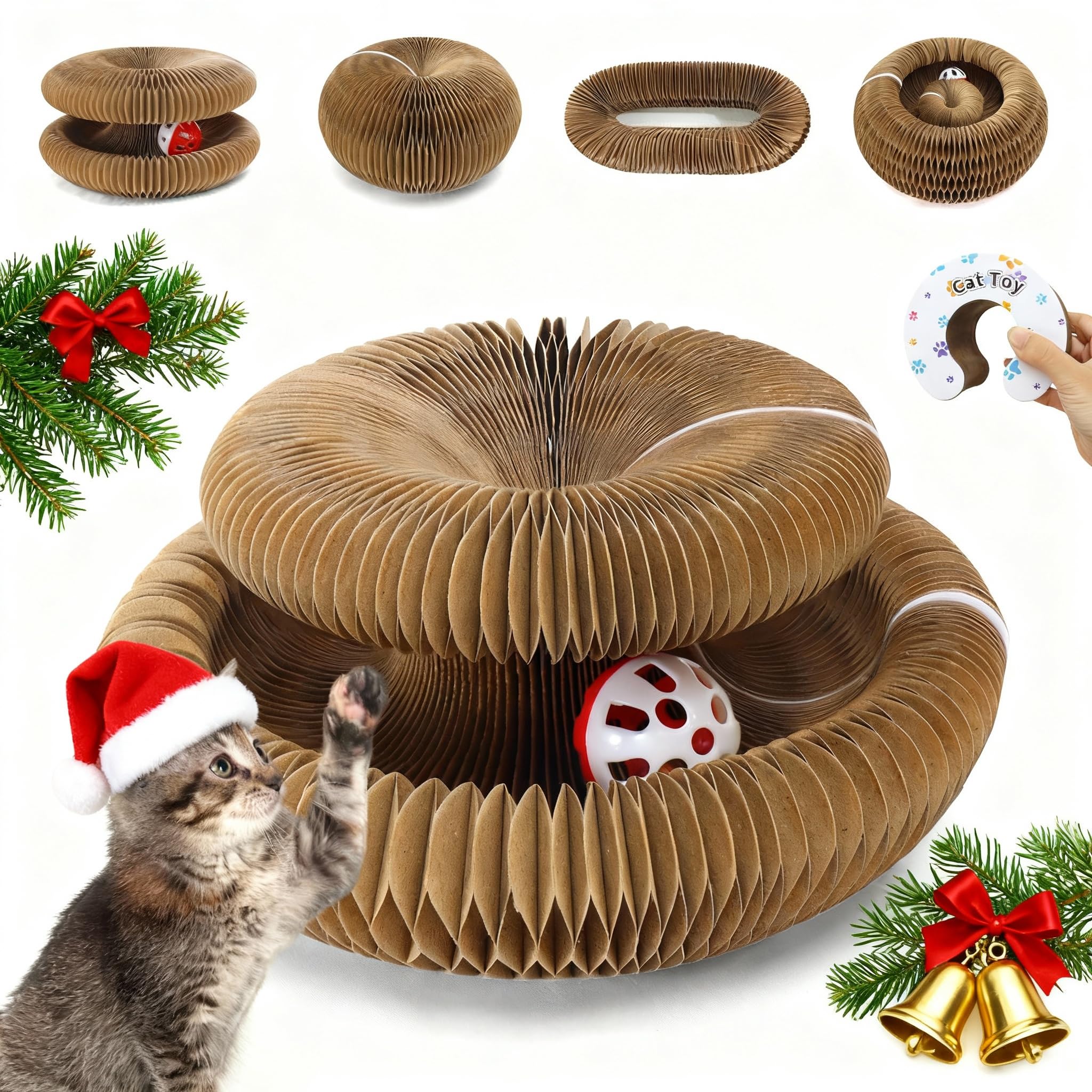PETSWEET Magic Organ cat scratcher in folded round setup offers compact storage and varied play.