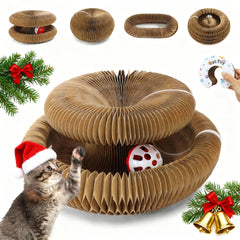 PETSWEET Magic Organ cat scratcher in folded round setup offers compact storage and varied play.