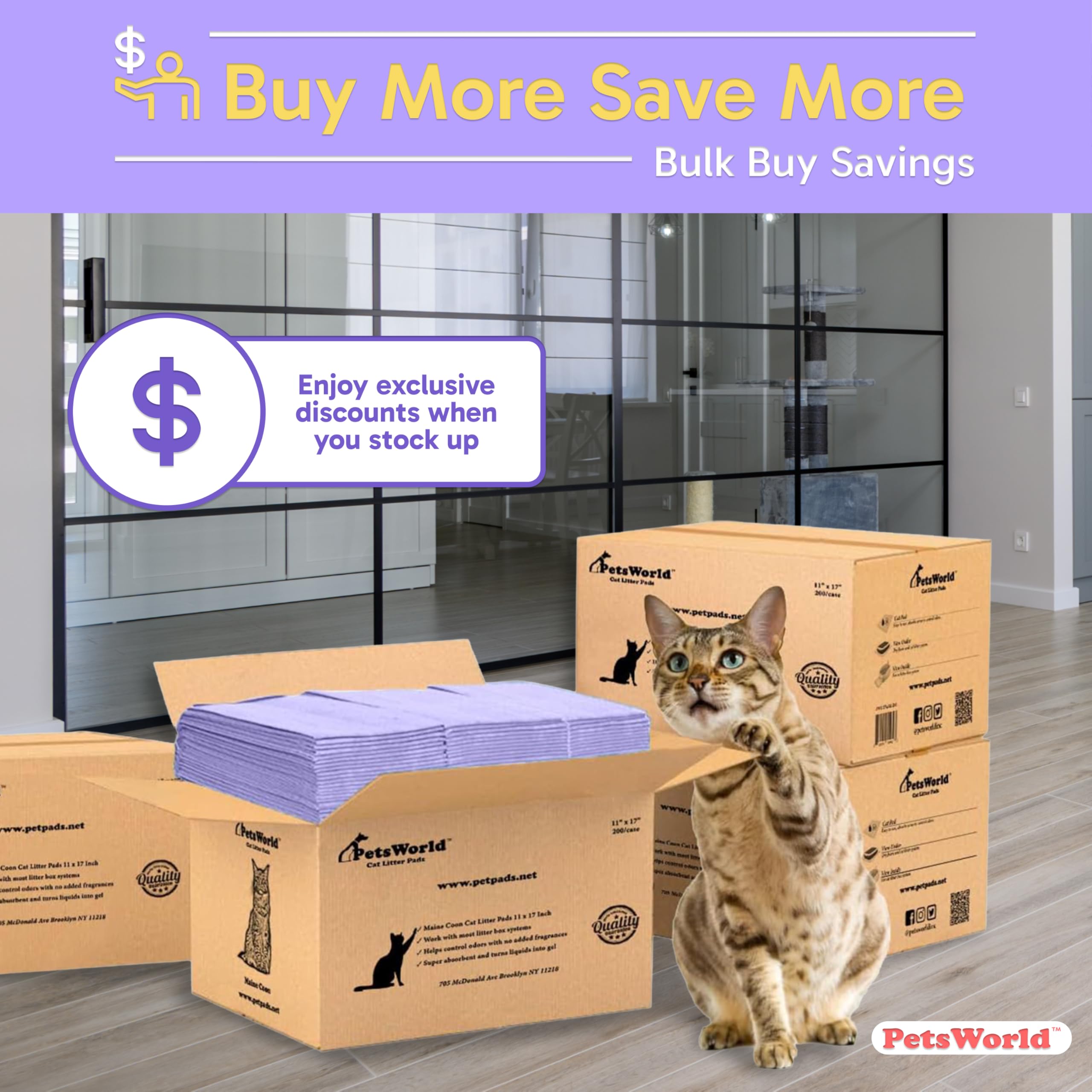PETSWORLD odor-control pad absorbing liquid beneath litter for a fresher home.