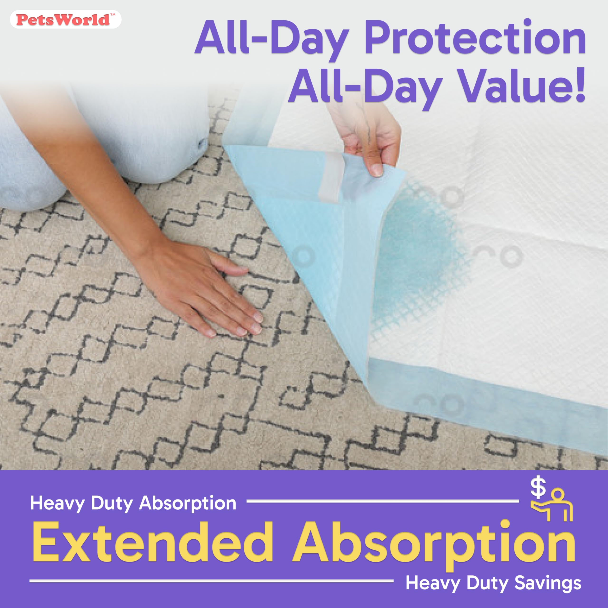 PETSWORLD tear-resistant pad backing protects floors and stays secure during use.