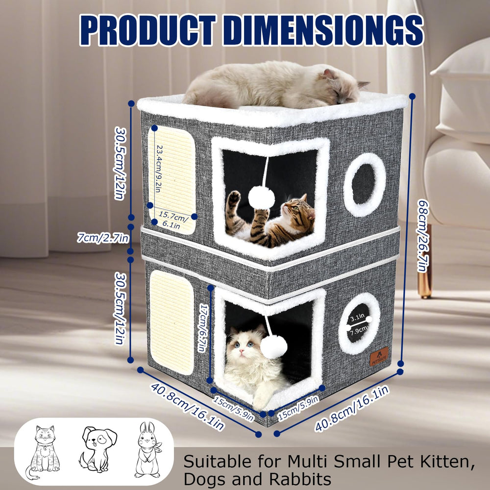 Pettdate 2-Story Cat House inside cave reveals cozy hideaway for naps and play.