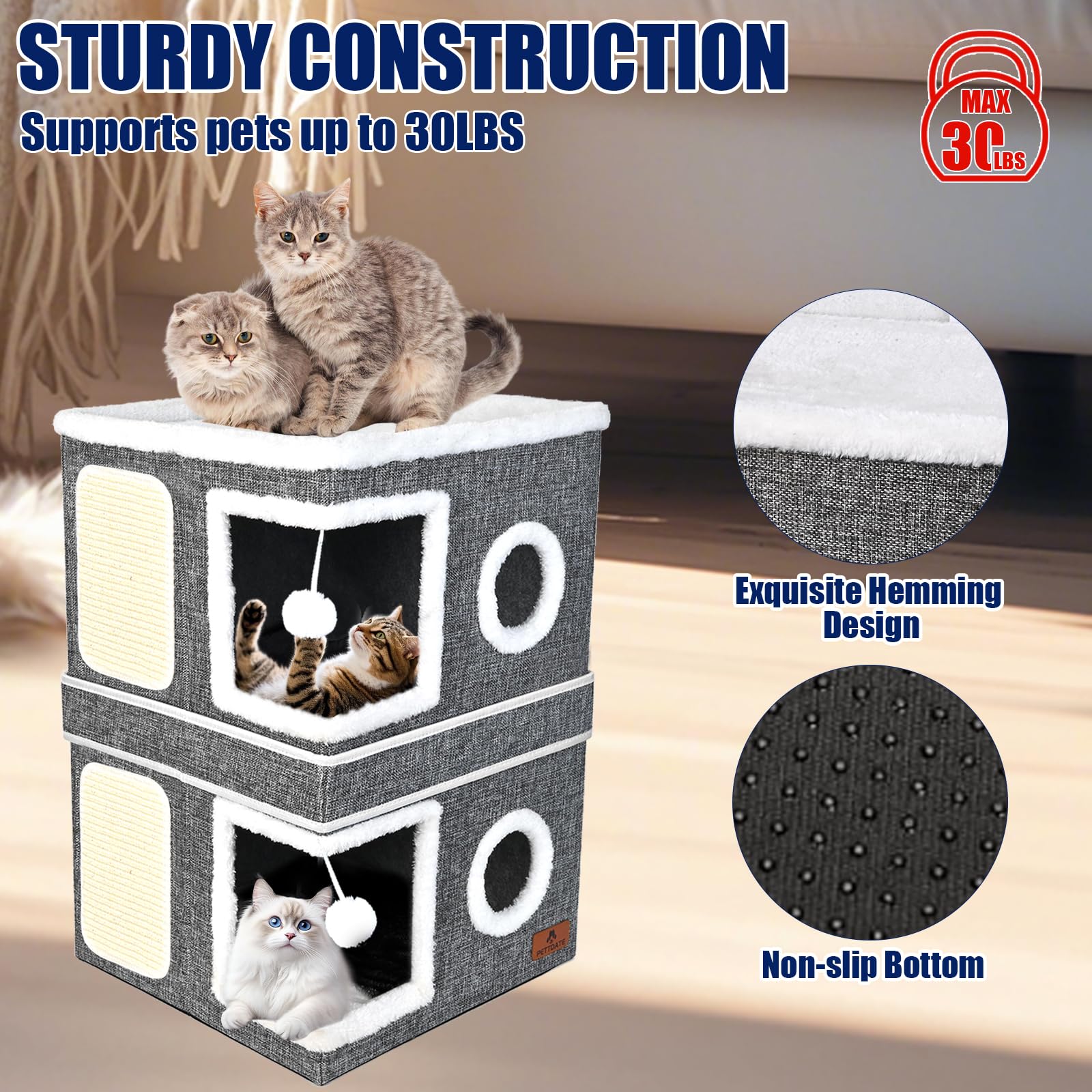 Pettdate 2-Story Cat House round window and ball offers enrichment through interactive play.