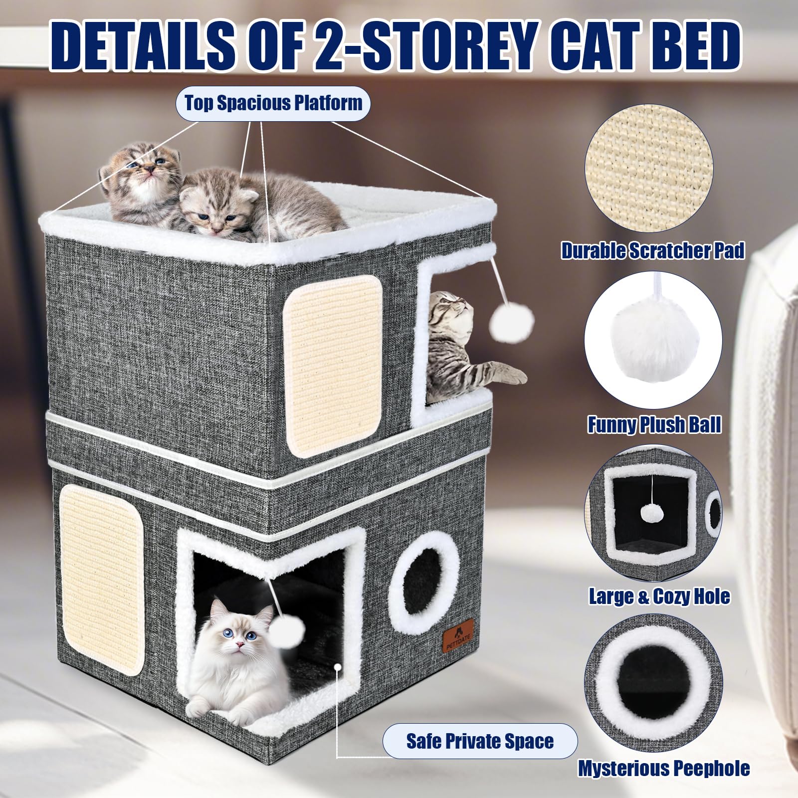 Pettdate 2-Story Cat House top platform provides ample space for stretching and observing.