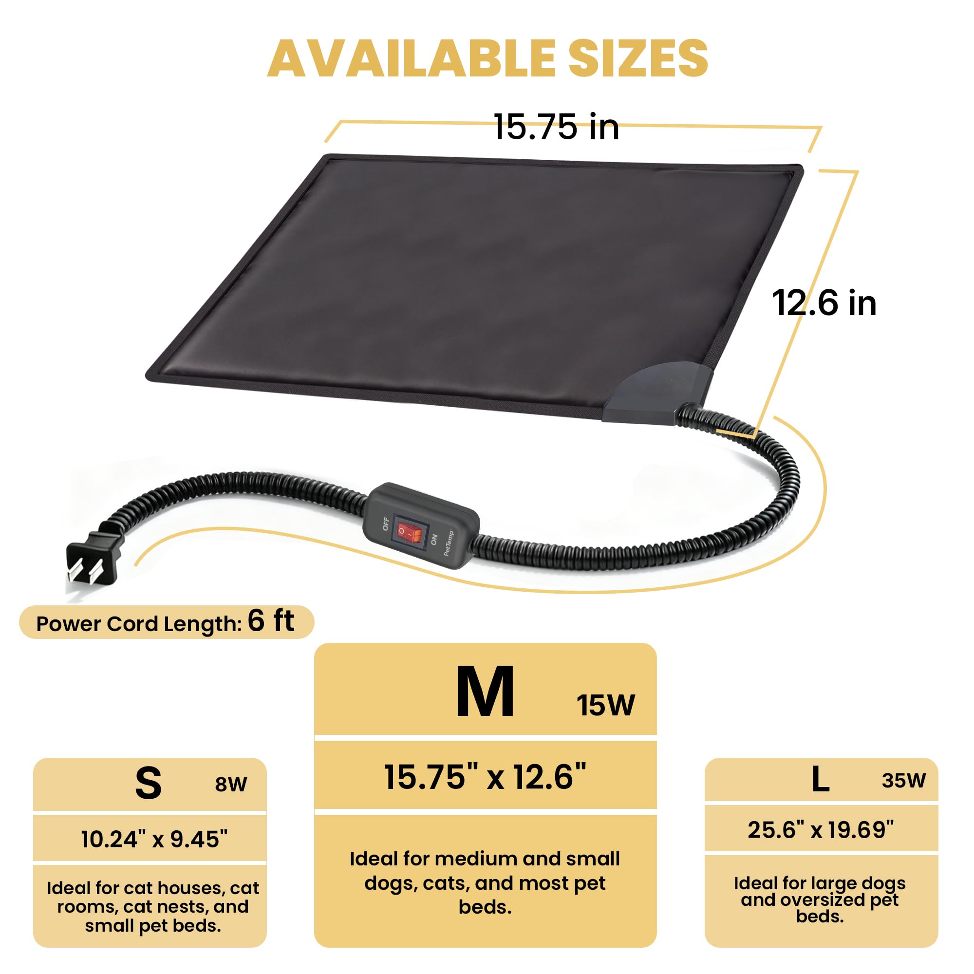 PetTemp cat bed warmer sizes fit under pillows, blankets, or cushions.