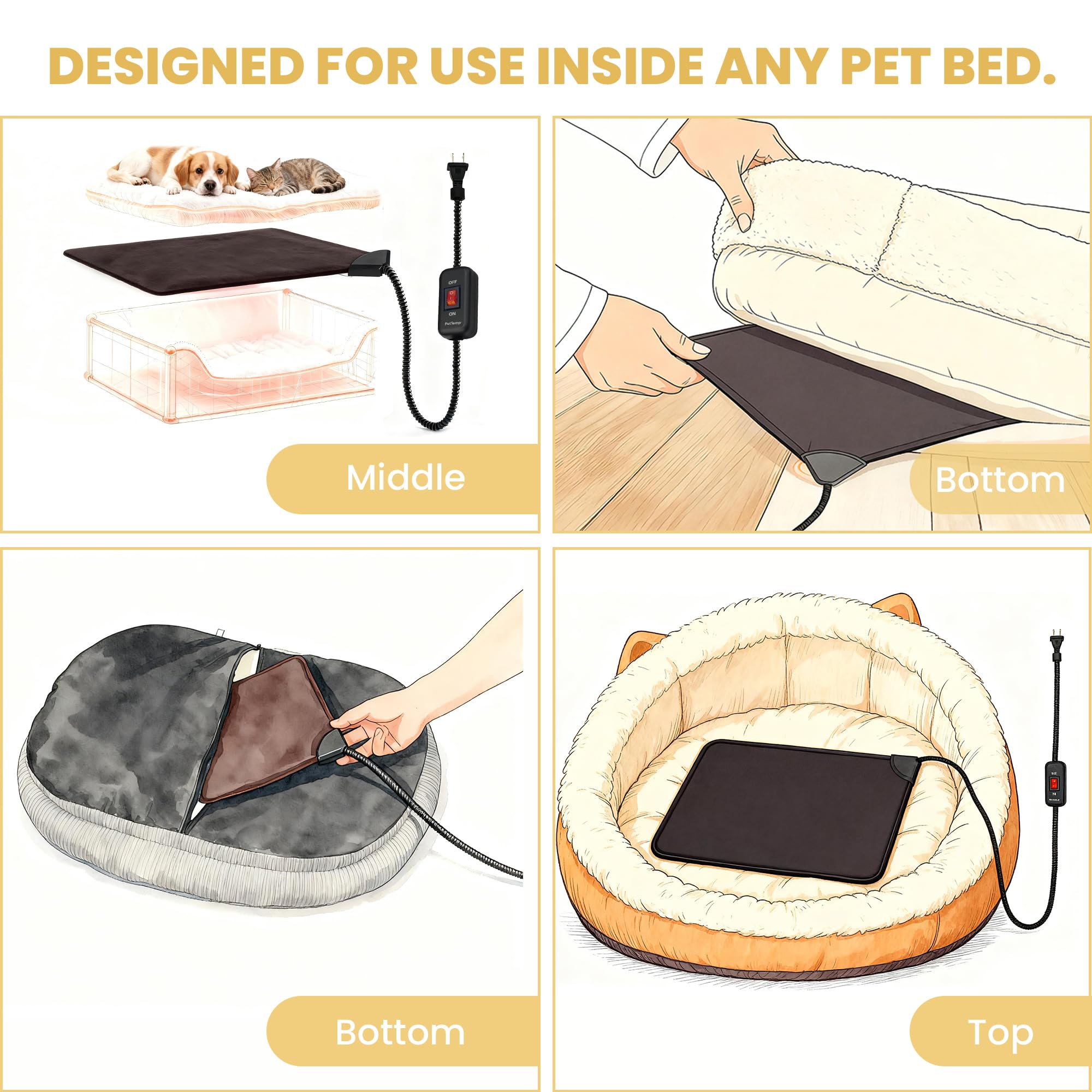 PetTemp chew-resistant cord with stainless wrap reduces chewing risk.