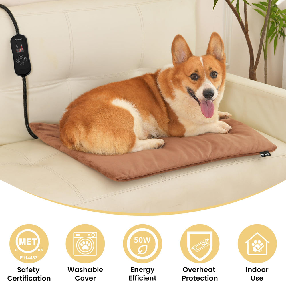 PetTemp controls with 5 heat levels and LED indicators for pet comfort.