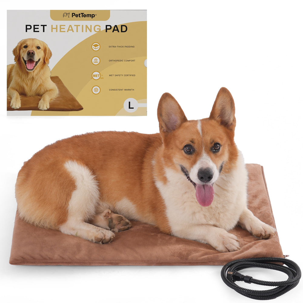 PetTemp heated pad brown cover closeup shows cozy warmth for pets.