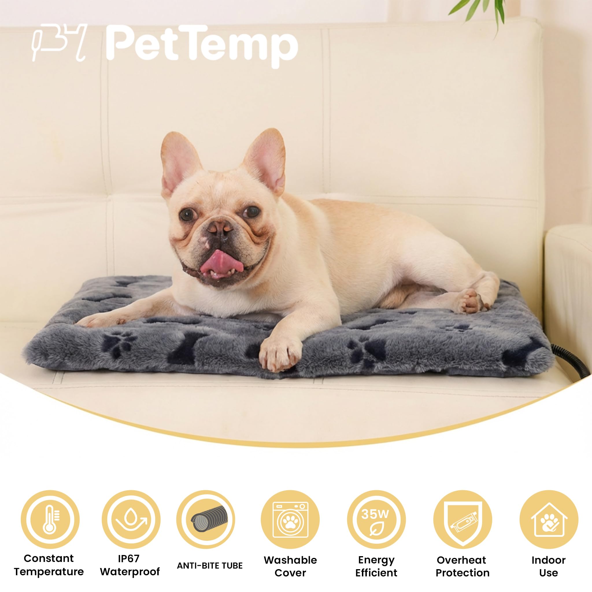 PetTemp heated pad chew-resistant cord close-up highlights safety feature.